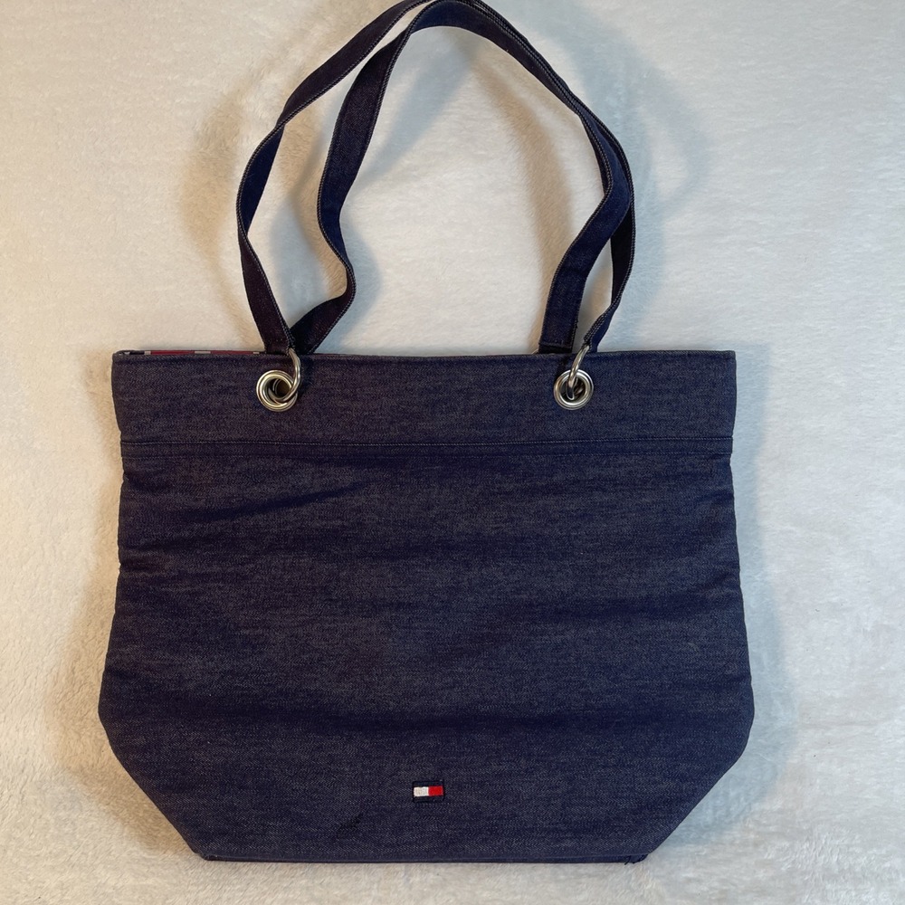 Tommy‎ Hilfiger Denim Tote Bag 14x11x5 Blue Jean Carryall Red Stripe Lining